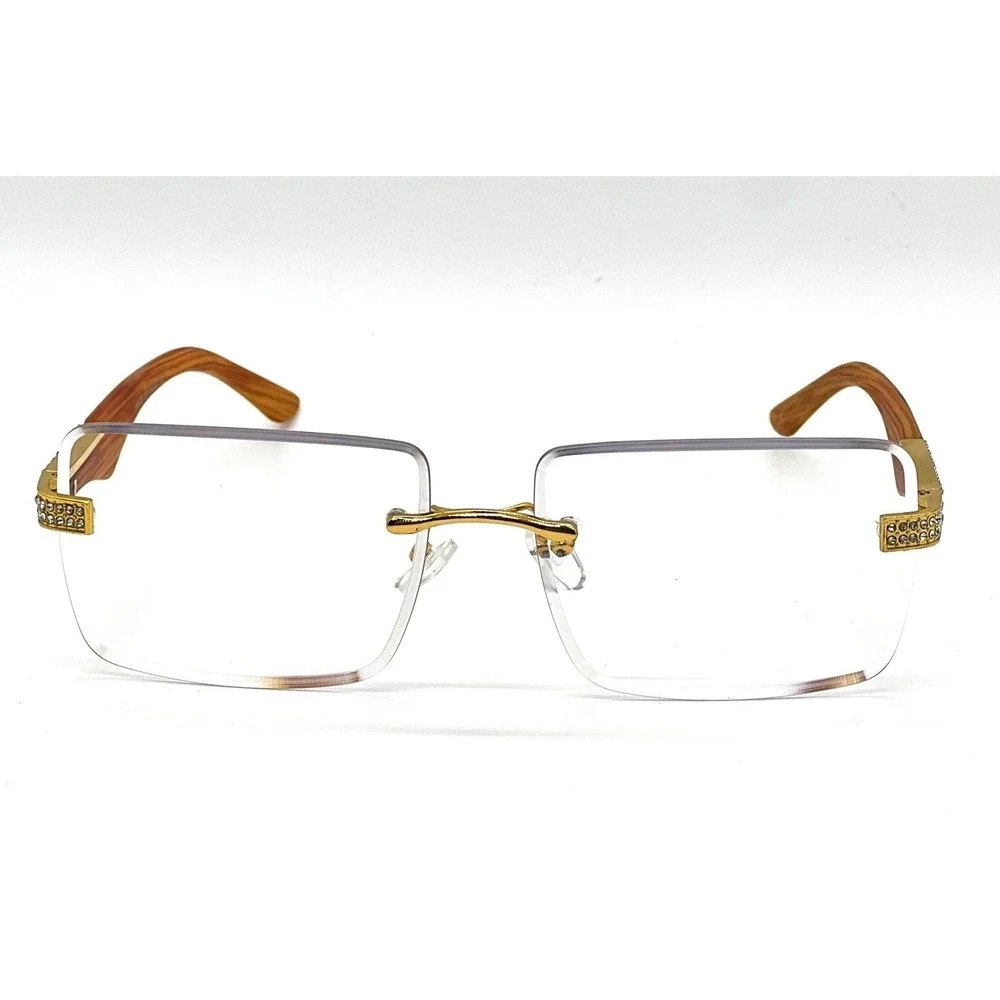 Rimless‎ Rectangle Hip Hop Sunglasses Wood Grain Arms Rhinestone Accents Men New